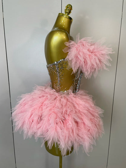 2025Women Sexy Backless Strap Mesh Fluffy Skirt 2 Pieces Diamond Sequins Stage Performance Costume Birthday Party Shooting Dress