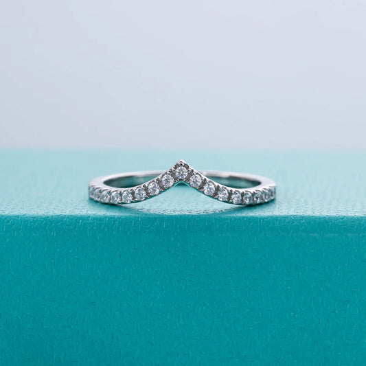 D Color Moissanite Diamond 18K White Gold Plated V Row Ring Classic Style Engagement Wedding Rings