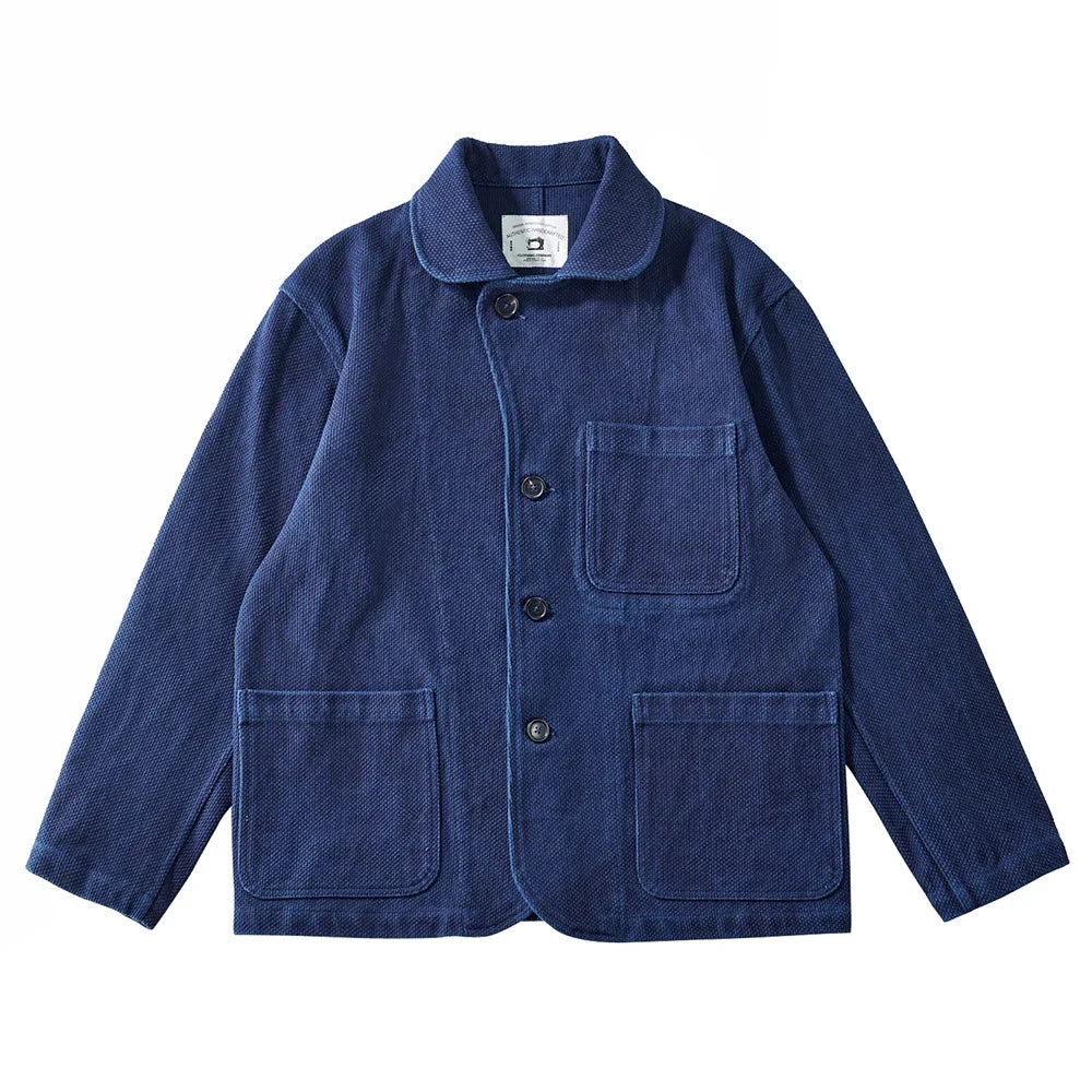 Heavy Weight Indigo Jacket Men Autumn Winter Vintage Workwear Tooling Jacket Blue Dyed Kendo Fabric Multi-pocket Cardgian Coat