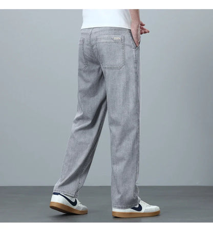 High Quality Spring Summer Lyocell Men's Jeans Loose Straight Wide Leg Casual With Slant Pockets Trousers Male  Plus Size 40