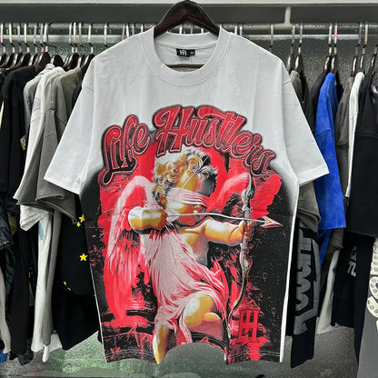 Masked Tattoo Angel Gun Diamond Short Sleeve Tshirts for Men and Women Crew Neck Cotton Summer Top Tees Oversized