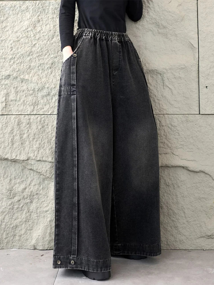2026 Spring Fashion Classic Denim Pants Ladies Vintage Soild Casual Jeans Women Loose Elastic Waist Wide Leg Trousers