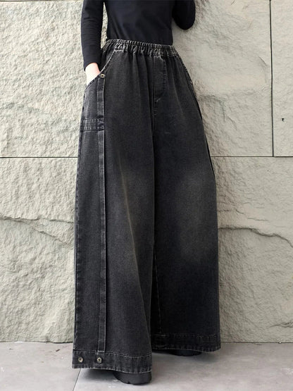 2026 Spring Fashion Classic Denim Pants Ladies Vintage Soild Casual Jeans Women Loose Elastic Waist Wide Leg Trousers