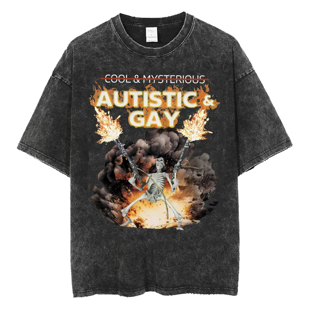 Autism Skeleton Meme T Shirt Human Funny Skull Men Women Harajuku Gothic Vintage Washed T Shirts Oversized Casual Cotton T-shirt