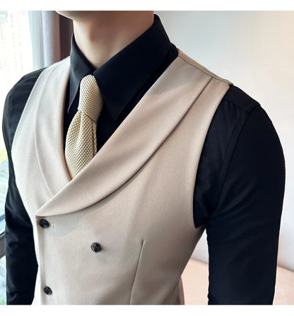 ( Vest + Pants) Men's Double-breasted Suit Vest 2 Pieces Set High Quality Business Casual Fashion Groom Wedding Dress Vest Sets