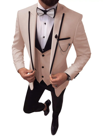 Men Suits Slim Fit One Button Casual Business Groomsmen Brown Peak Lapel Tuxedos For Formal Wedding (Blazer+Pants+Vest)