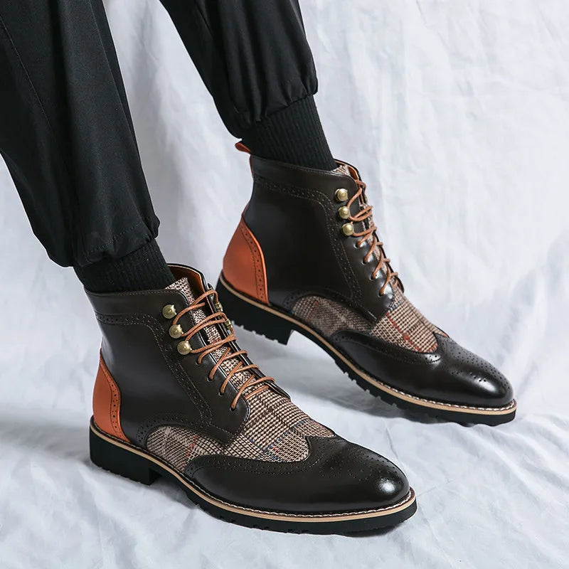 Retro Black Men's Leather Boots 2024 Quality Pointed-Toe Lace-up Men's Dress Boots Plus Size 48 Comfy High Top Men Brogue Shoes
