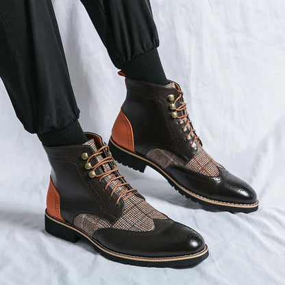 Retro Black Men's Leather Boots 2024 Quality Pointed-Toe Lace-up Men's Dress Boots Plus Size 48 Comfy High Top Men Brogue Shoes