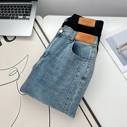 Women's Split Leg Opening Drainpipe Jeans, Casual Ankle Length Denim Pants, Straight Leg, Plus Size, Spring, Autumn, 100kg, 1649
