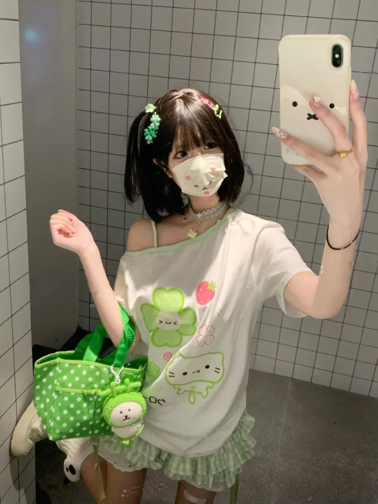Ezgaga Harajuku T Shirts Women Cartoon Sweet Diagonal Collar Short Sleeve Off Shoulder Funny Tops Female Y2k Ladies Tshirts