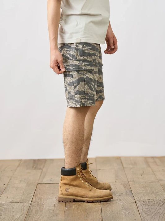 2024 Summer New Oversize 270gsm 100% Cotton Fabric Enzyme Washed Vintage Camouflage Cargo Shorts Men Outdoor Shorts