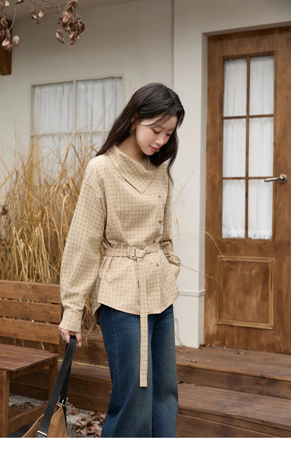 Women Casual Shirt 2025 Autumn Winter Fashion Belt Design Asymmetrical Retro Long Sleeves Shirt Women Clothes MXE88C2417