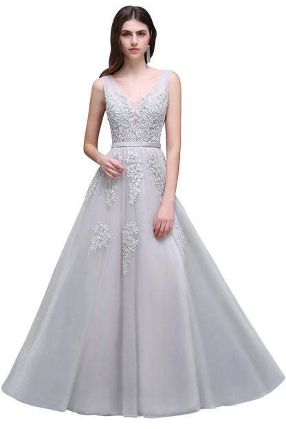 Women Burgundy Evening Dress Lace Appliques Tulle V-Neck Sexy Backless Prom Dresses A-Line Floor-Length Sleeveless Party Vestido