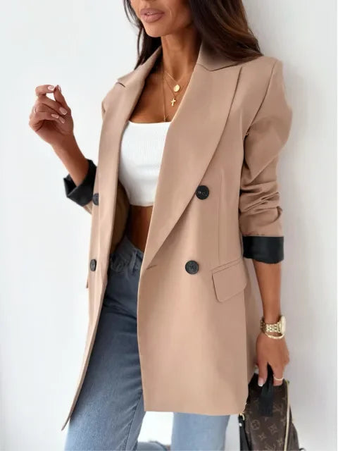 Autumn Winter New Style Women's Suit Coat Long Sleeve Double Buttoned Outerwear Top Cross-Border Fashion Polyester Fiber