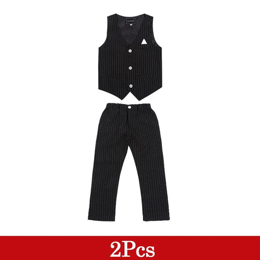 2PCs/5Pcs Kids Boy Gentleman Formal Suit White T-shirt Black Blue Stripe Set Children Birthday Party Wedding Clothing