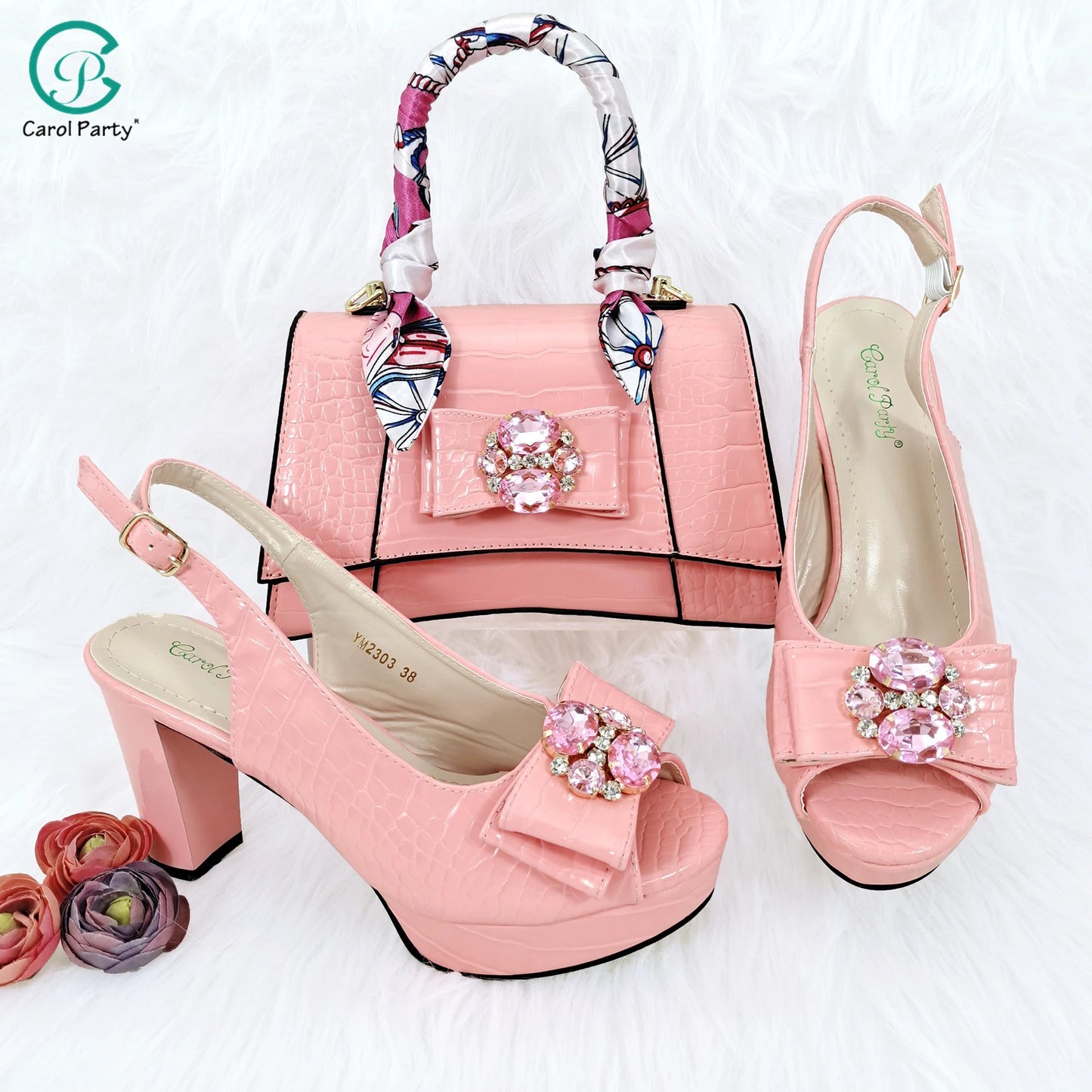 Crocodile Textured Ribbon And Colorful Crystal Embellished Clutch With Long Shoulder Strap Women's Shoes And Bag Set