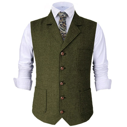 Men Vest Brown Herringbone With Lapel Waistcoat For Wedding Groom Banquet Business Casual Work Men Suit Vest