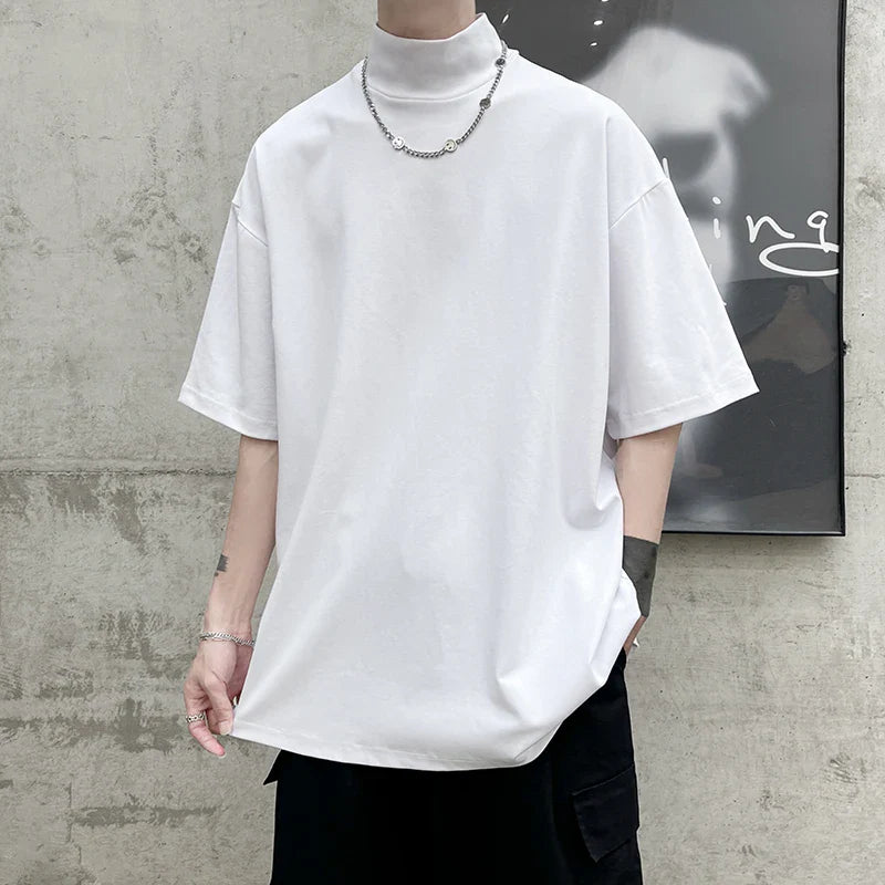 Streetwear Turtleneck Men Tshirt Solid Hip Hop Male Oversized T Shirts Man Casual Short Sleeve Top Tees Black/White/Purple