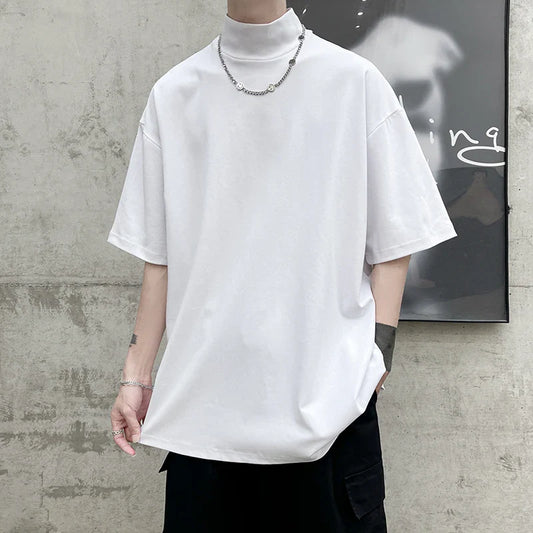 Streetwear Turtleneck Men Tshirt Solid Hip Hop Male Oversized T Shirts Man Casual Short Sleeve Top Tees Black/White/Purple