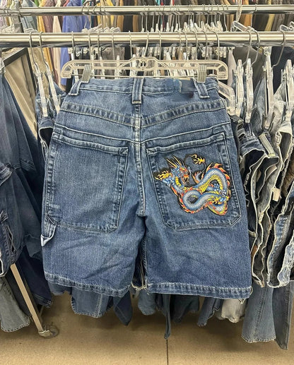 American Retro Gothic Halloween Geometry Graffiti Print Denim Shorts Men Women Y2k Low Waist Baggy Knee Length Jeans Jorts Short