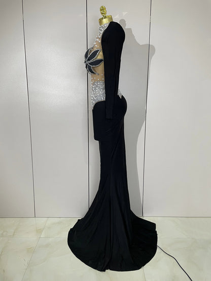 Luxury Sparkly Diamonds Pearl White See Through Mesh Long Dress Women Wedding Evening Party Stage Performance Photoshoot Dress