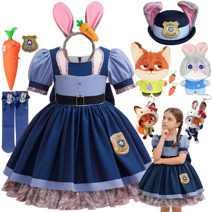 Girls Cosplay Zootopia 2 Police Officer Judy Bunny Dress For Kids Holiday Party Cute Dress With Accessories Fancy Set