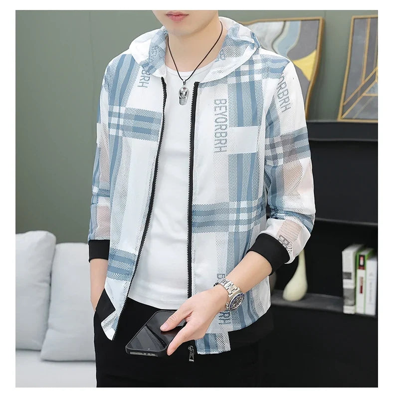 Men's Summer Mesh Sun Protection Clothing Trendy Stripe Print Ice Silk Cool Feeling Breathable Quick Dry Hooded Jacket