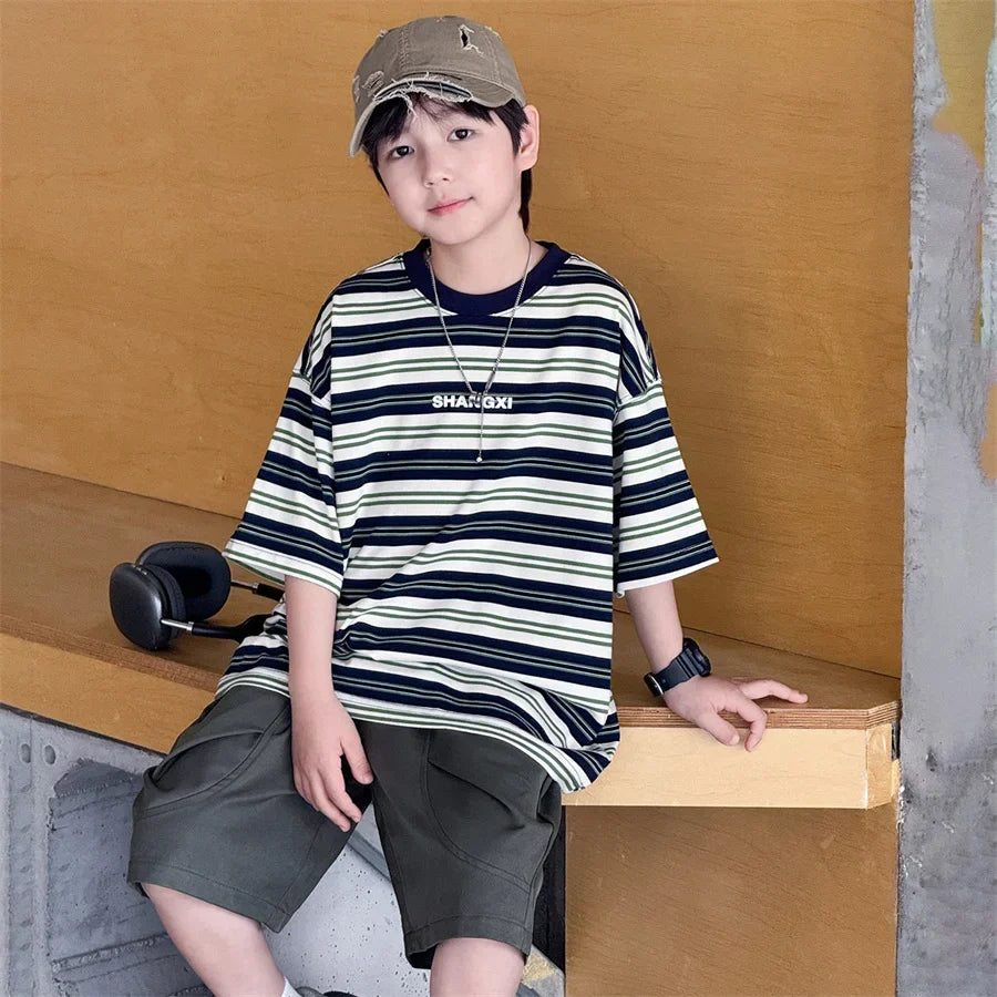 Korean Kids Striped Summer Suit for Boys Top and Bottom Set Children Cotton Short Sleeve T-shirt and Cargo Shorts Clothes Set
