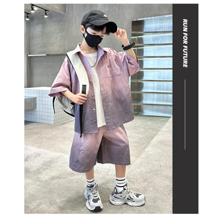 Fashion Kids Clothing Set Shirt Shorts Summer Suit for Teenage Boy Loose Casual Gradient Color Clothes Set Child Luxury Outfit