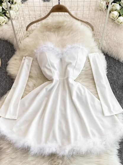 Women's Christmas Dress Sexy Low-cut Waist Thin Big Pendulum Fluffy Splicing Suspender Tube Ling Dress Red