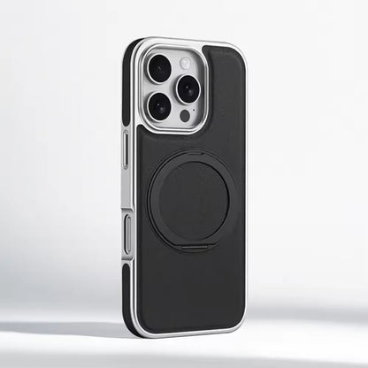 Business Plating Frame 360 Alloy Stand Holder Leather Magnetic Case For iPhone 16 15 14 13 Pro Max Shockproof Cover For Magsafe