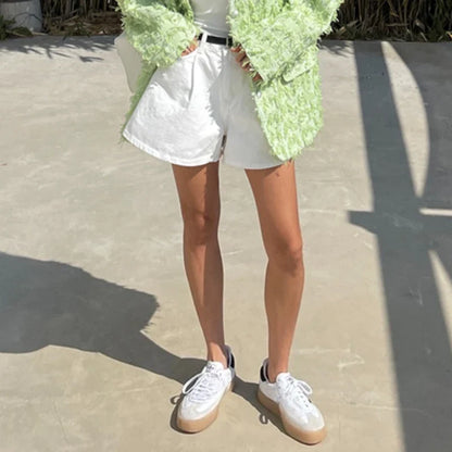 Summer Washed High Waist Women's A-line Denim Shorts Pocket White 2025 New Casual Loose Wide Leg Jeans Shorts Female