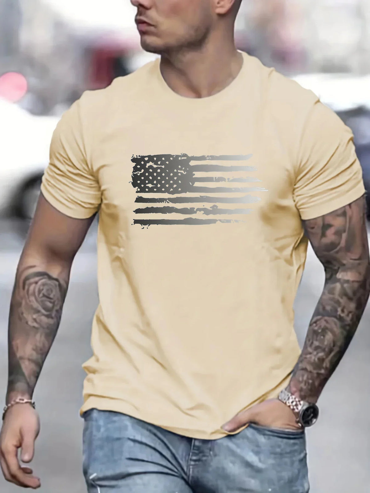 Men's summer 100 cotton fashionable casual loose plus size American flag printed sports round neck short sleeved T-shirt top