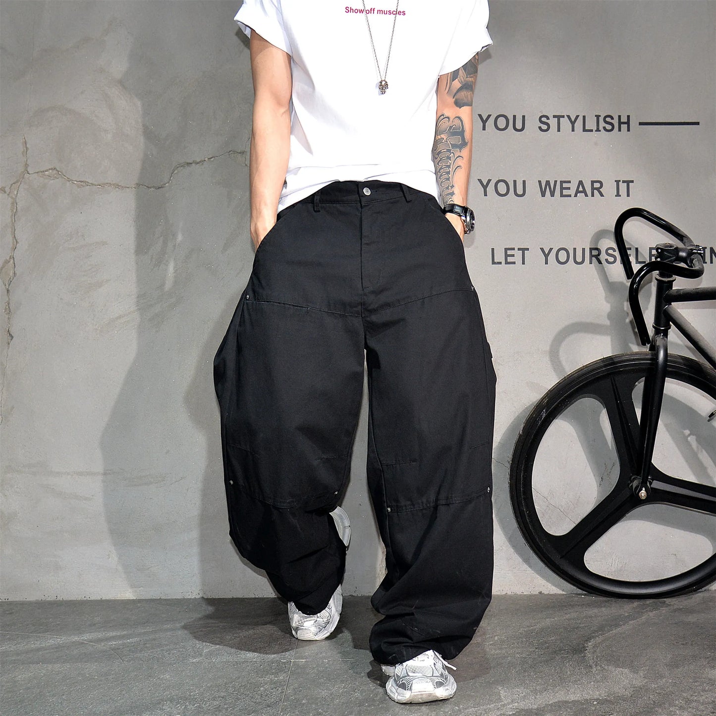 Mens Cargo Pants American Trendy Solid Black Cotton Heavyweight Wide Leg Loose Straight Streetwear Casual High Quality Pants