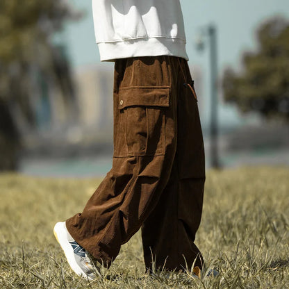 2025 autumn and winter new retro brown corduroy multi pocket workwear pants for men, loose drawstring elastic waist pants