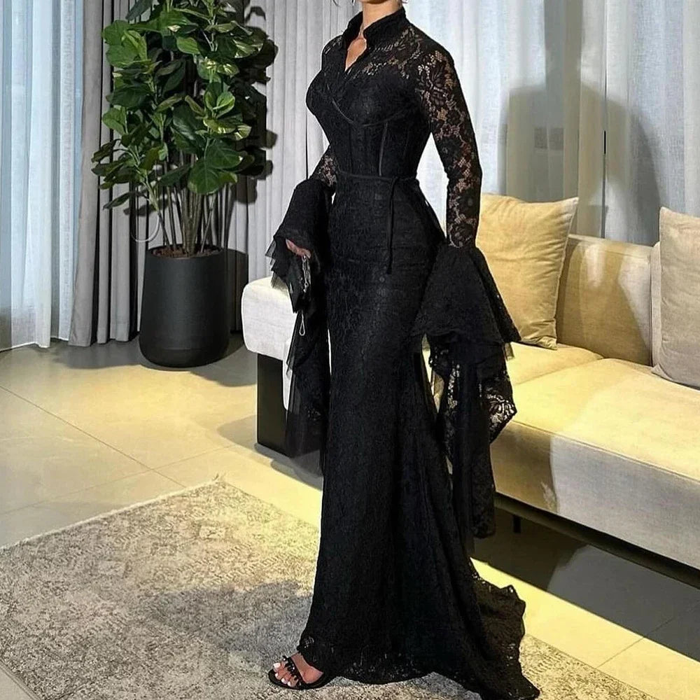 Customized Elegant Lace Mermaid Evening Dress Flare Long Sleeves V-Neck Floor Length Train Bespoke Prom Gala Gowns