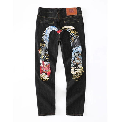 Japanese Handmade Embroidered Jeans Men's Pure Cotton Straight Tube Hip-Hop Popular Slim Red Ears Show Thin Trousers Devil Big M