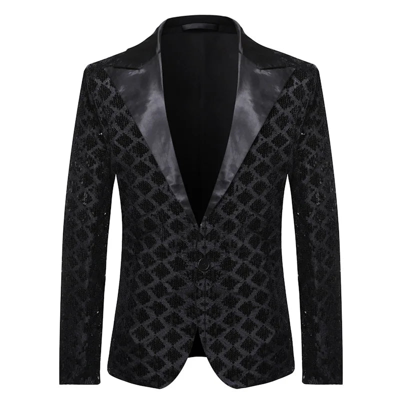 2026 Gold Men's Black Collar Suit Jacket, Glitter Sequin Decoration Wedding Party Dress Coat Black Silver Fashion Blazers.