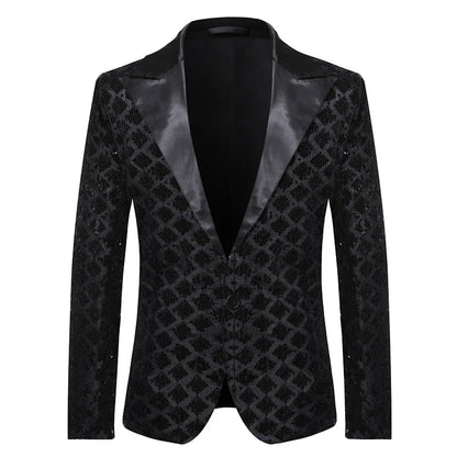 2026 Gold Men's Black Collar Suit Jacket, Glitter Sequin Decoration Wedding Party Dress Coat Black Silver Fashion Blazers.