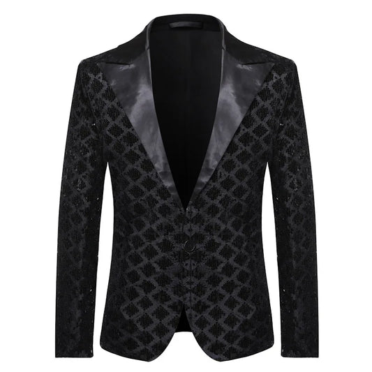 2026 Gold Men's Black Collar Suit Jacket, Glitter Sequin Decoration Wedding Party Dress Coat Black Silver Fashion Blazers.
