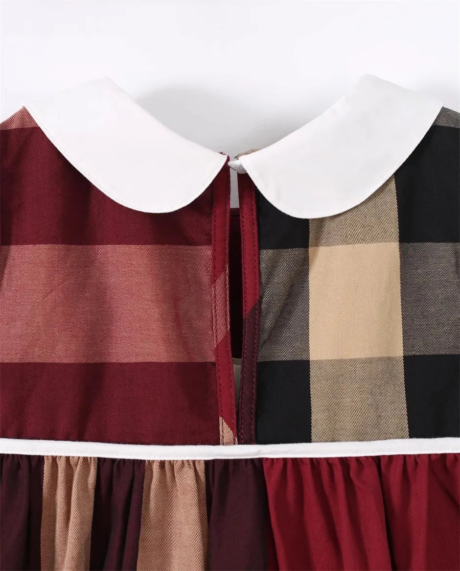 Summer Short Sleeves Kids Girl's Dress Long Sleeves Retro Style Red Plaid Striped Doll Collar Princess Doll Dresses Kids Clothes