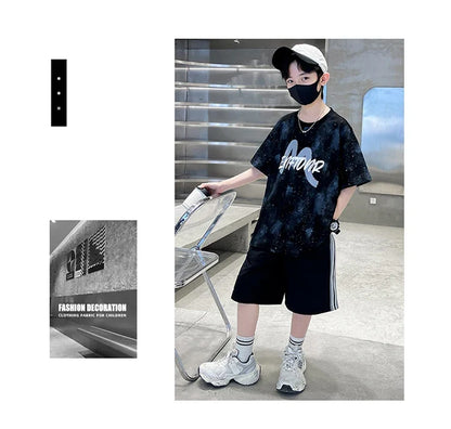 New Casual Boys Cotton Top summer Bottoms Clothes Set for Teenager Child Fashion Outfit Kids T-shirt Shorts Two Pieces Clothing