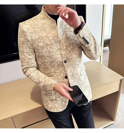 New Chinese Style Stand Up Collar Jacquard Suit Coats Men Slim Business Casual Fashion Suits Jacket Formal Social Party Tuxedos
