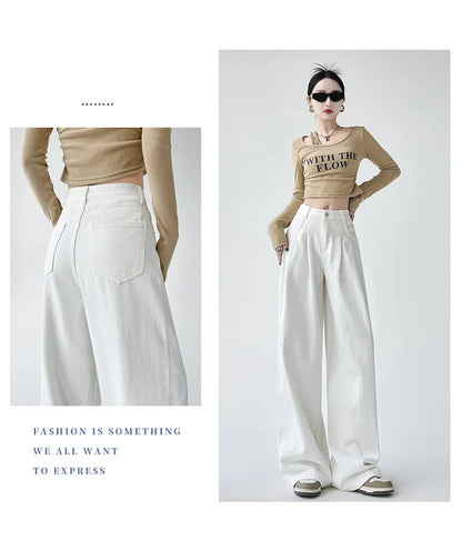 White Thin Pleated High Waist Non-Light Wide Leg Jeans Women's American High-End Loose Straight Lazy Floor-Length Pants
