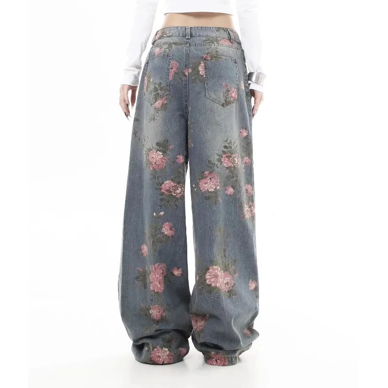 Women's Blue Flower Baggy Jeans Y2K Japanese Harajuku High Street Aesthetic High Waist Wide Leg Retro Jeans Pants Clothing 2025