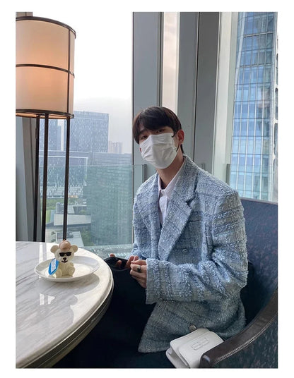 Autumn Loose Casual Colorful Blue Tweed Blazers Jacket for Men Long Sleeve Double Breasted Mens Designer Clothes