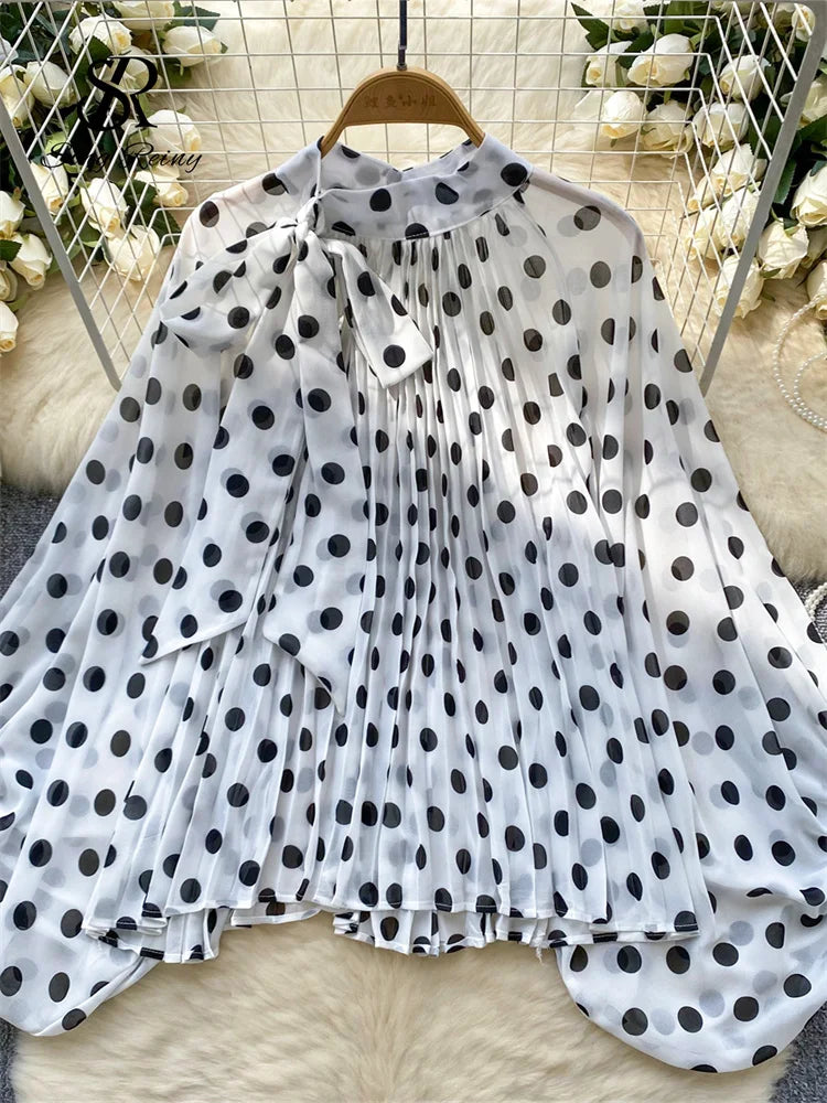 Autumn Leopard Print Blouse Women Bow Neck Long Sleeves Loose Top Korean Style Ins Polka Dot Chiffon Shirt 2025