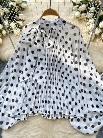Autumn Leopard Print Blouse Women Bow Neck Long Sleeves Loose Top Korean Style Ins Polka Dot Chiffon Shirt 2025