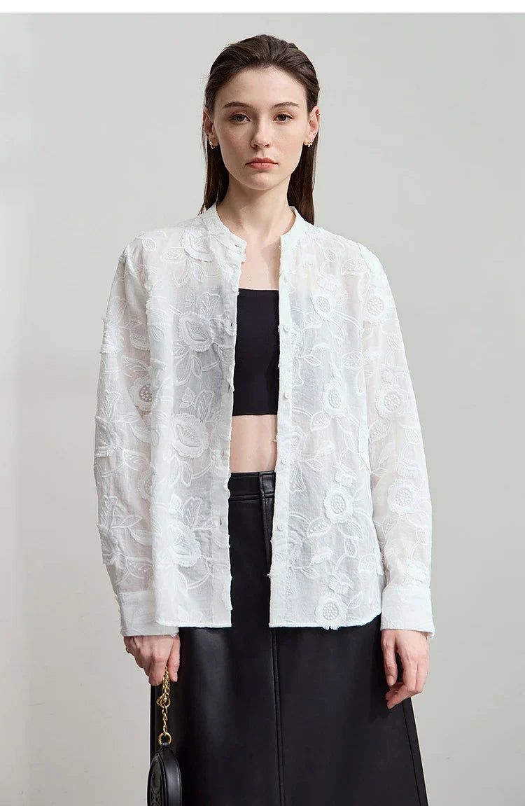 2025 Autumn New Elegant Embroidery Women's Shirt Stand Collar Wide Shoulder Office Lady Loose Blouses Women Tops 12543066