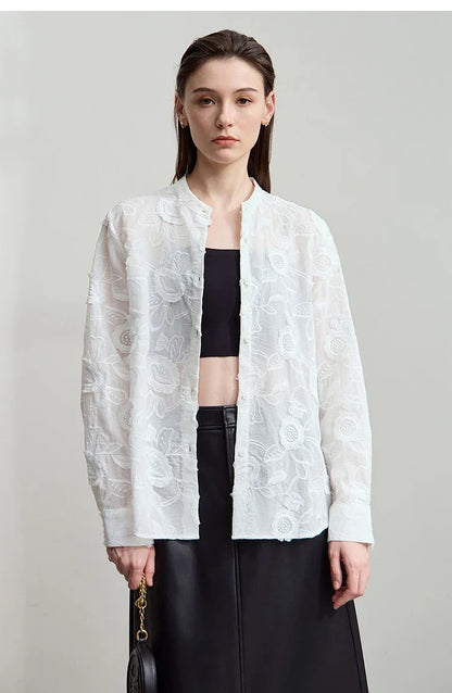 2025 Autumn New Elegant Embroidery Women's Shirt Stand Collar Wide Shoulder Office Lady Loose Blouses Women Tops 12543066
